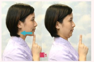 『收下巴』纠正颈部姿势:手指放下巴前(a),眼保持向前望,头部水葡向